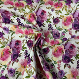 Jersey coton / elasthanne fleur mauve rose fond creme- 07713