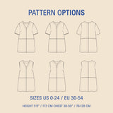 Pattern options for a dress with various views on a beige background